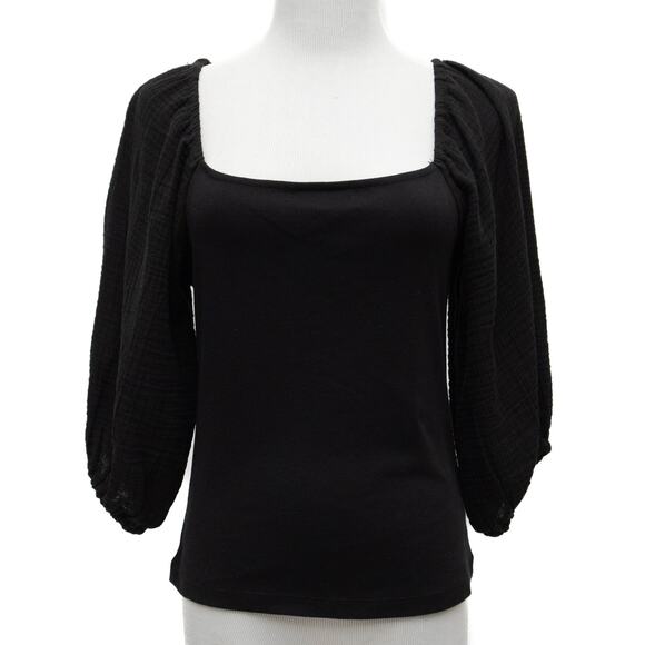 Sanctuary Black Square Neck Short Puff Sleeve Mixed Media Top Size Medium - Picture 1 of 8